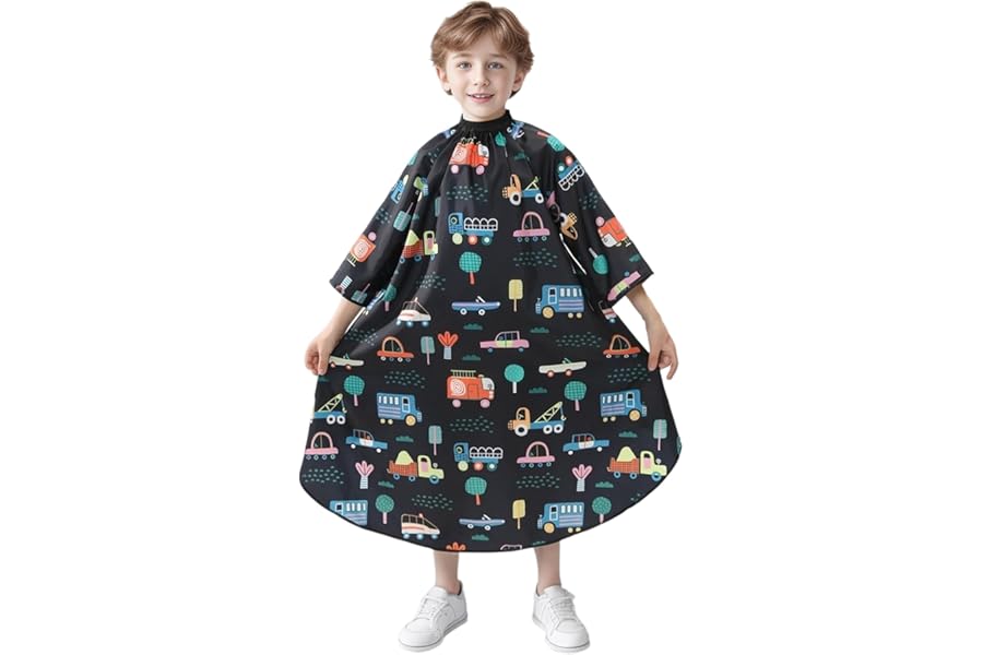 PERFEHAIR Kids Haircut Cape with Sleeves – Cute Cars Printing, Adjustable Neck Collar, Comfortable Barber Cape for Boys & Girls, Ideal for Home or Salon Use, Professional Hair Cutting Apron