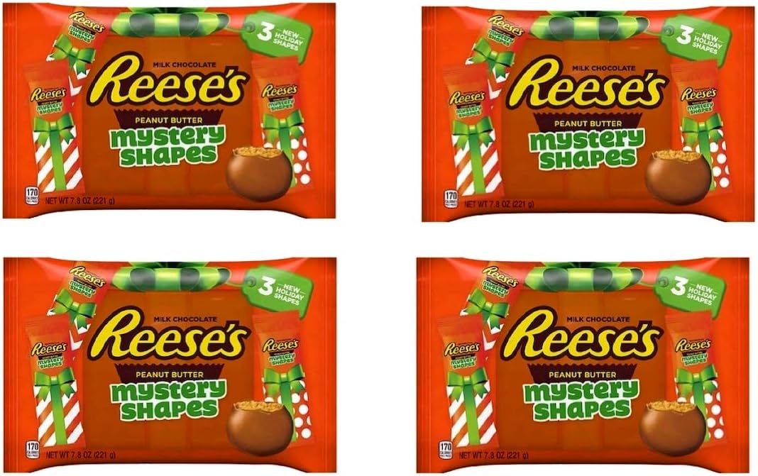 Reeses Seasonal Milk Chocolate Peanut Butter Holiday Mystery Shapes Bulk Pack Of 4 Bags - 7.8 oz Per Bag - 31.2 oz Total - Individually Wrapped Christmas Candy