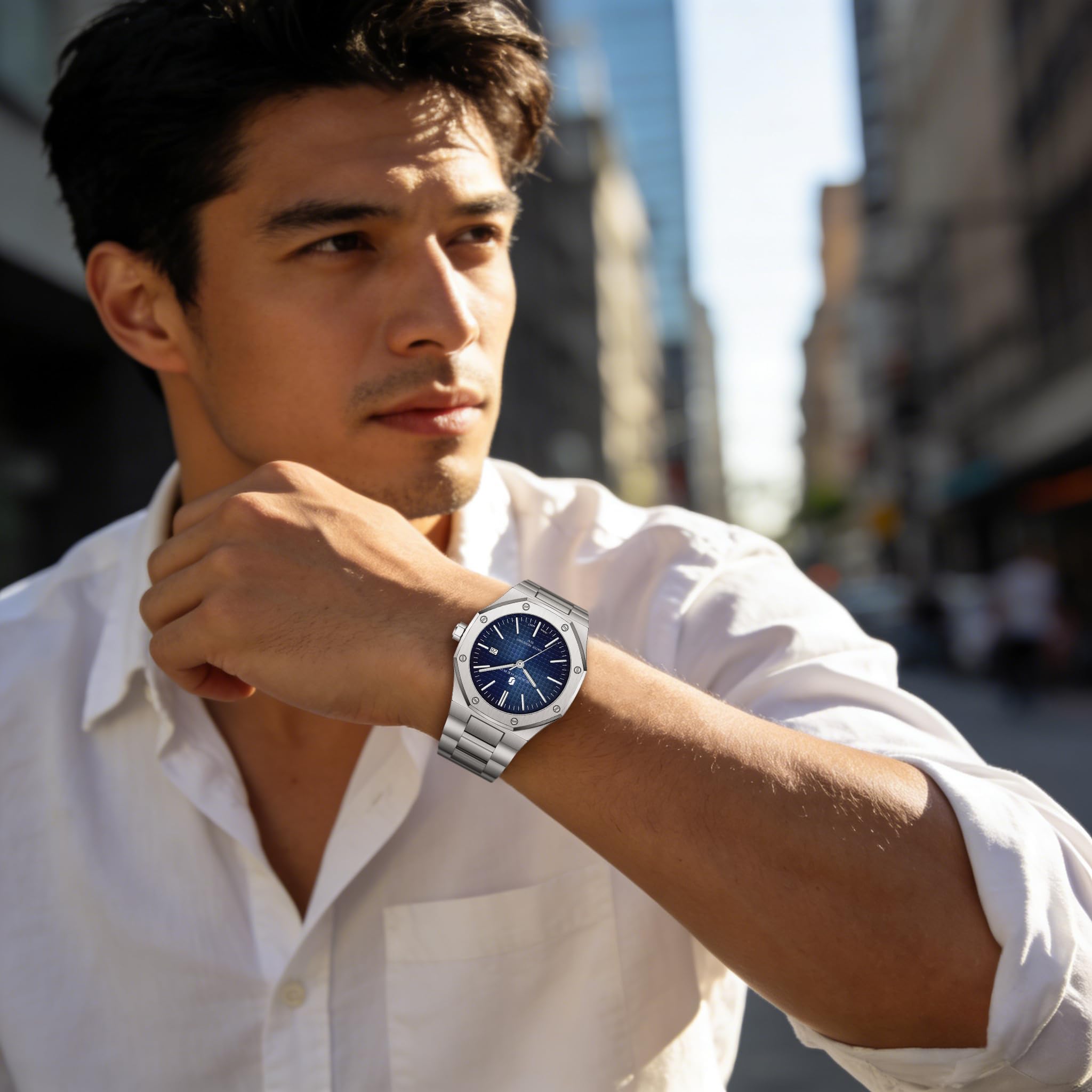 SAPPHERO Uhren Herren 30M wasserdichte Armbanduhr Herren Edelstahl Achteckig Herrenuhr Silber Quarz Japanische Uhrwerke Business Casual Leuchtende Uhr mit Date 4