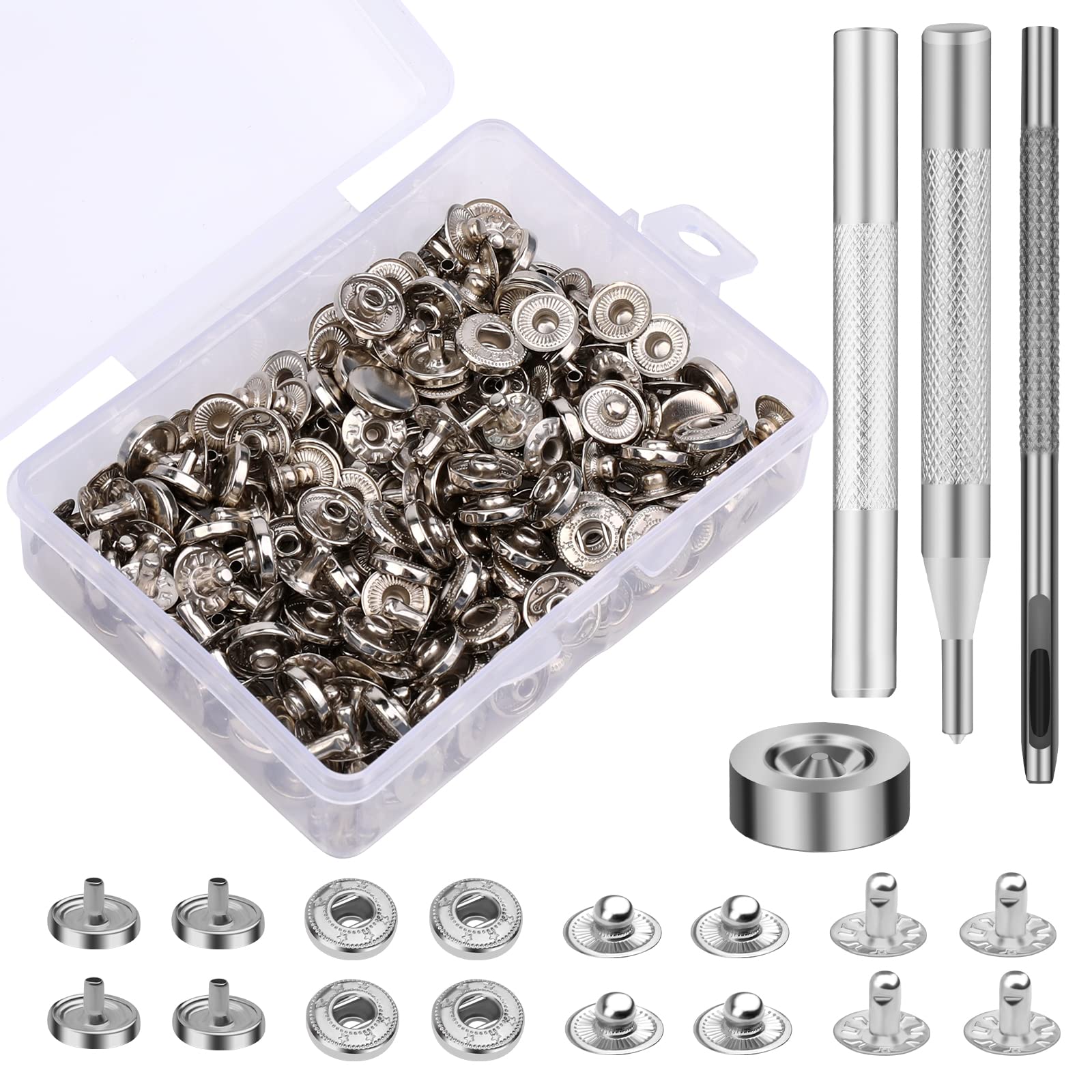 SUVSOON 50 Set Leather Snaps Fasteners Kit, 10mm Metal Snap Button Kit with 4 Pcs Snap Installation Tools, Leather Rivets Snaps for Sewing Clothing Bag Jeans DIY Crafting