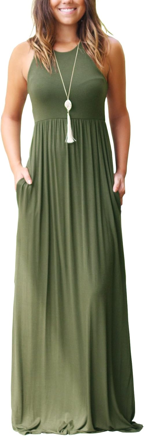 GRECERELLE Women's Sleeveless Racerback Loose Plain Maxi Dresses Casual Long Dresses with Pockets at  Women’s Clothing store