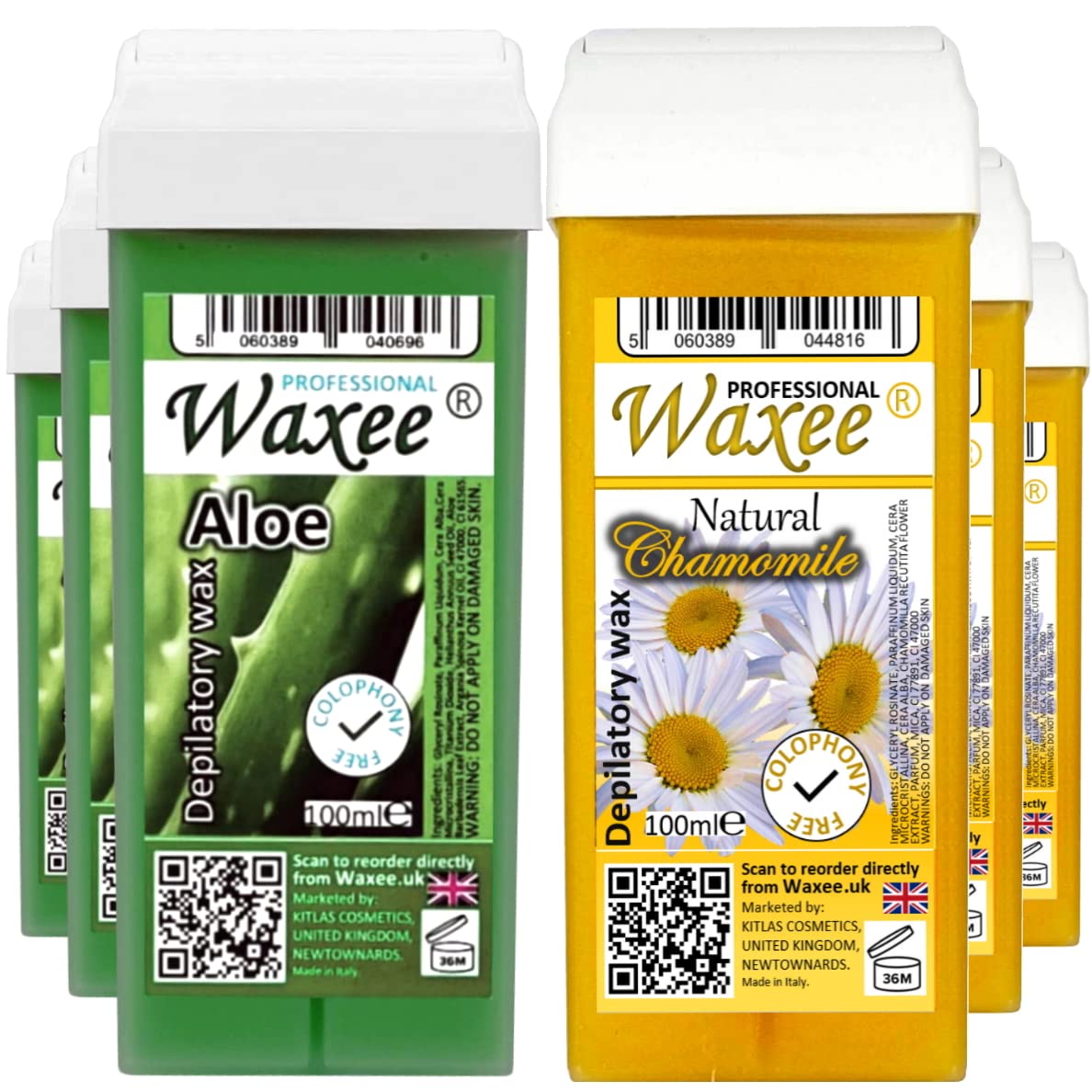 100ml roll-on wax, Colophony free, roller wax cartridge 3 x NATURAL CHAMOMILE + 3 x ALOE