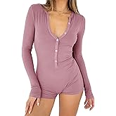 INFITTY Women Long Sleeve V Neck Rompers Ribbed Button Down Yoga Rompers Sexy Pajama Unitard Outfit