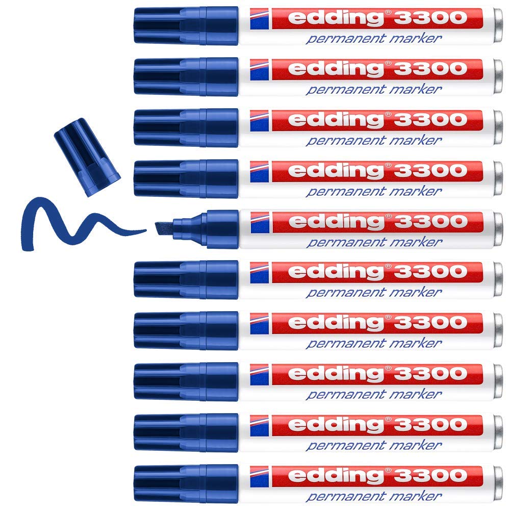 edding 3300 permanent marker - blue - box of 10 - chisel tip 1-5 mm - quick-drying permanent markers - waterproof, smudge-proof - for cardboard, plastic, wood, metal, fabric - marker pens