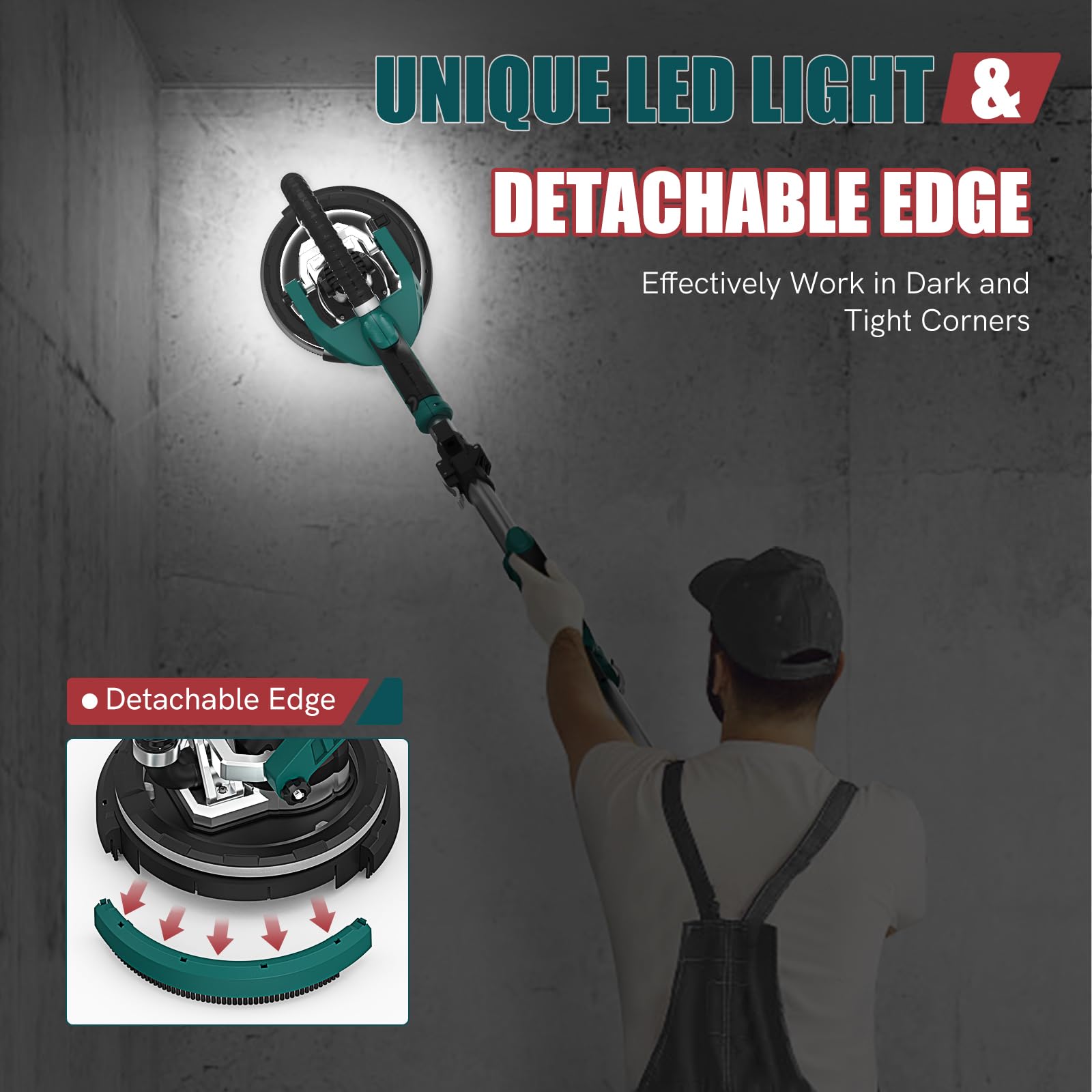 NEU MASTER Drywall Sander, Electric Drywall Sander Variable Speed Popcorn Removal Tool with Vacuum, 900-1800RPM Foldable Ceiling Sander with 12 Sanding Discs, LED Light, Extendable Handle, Dust Bag