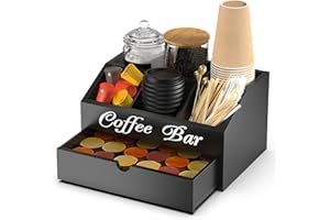 Qeedee Coffee Station Organizer with Drawer, Wooden Coffee Bar Organizer for Countertop, Tea Condiment Storage Organizer, Mul