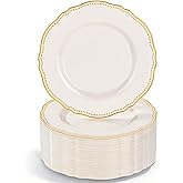 Hioasis 60pcs Ivory Plastic Plates - Ivory and Gold Disposable Dinnerware with Gold Rim, Heavy-duty, 7 inch, Dessert Plates for Party & Wedding