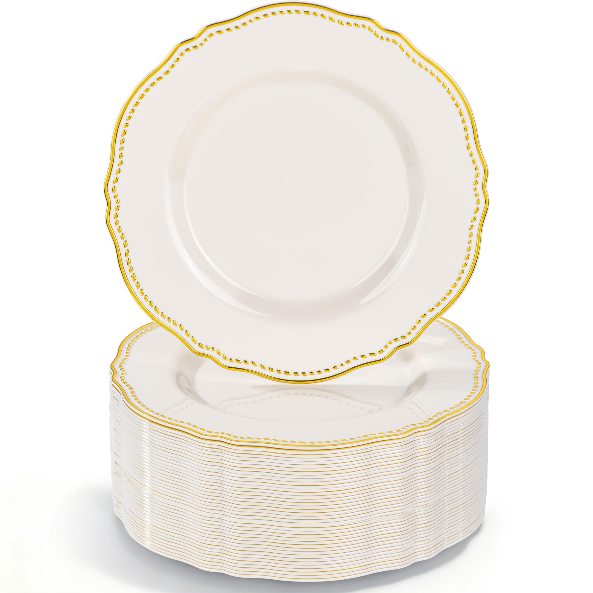Hioasis 60pcs Ivory Plastic Plates - Ivory and Gold Disposable Dinnerware with Gold Rim, Heavy-duty, 7 inch, Dessert Plates for Party & Wedding Image