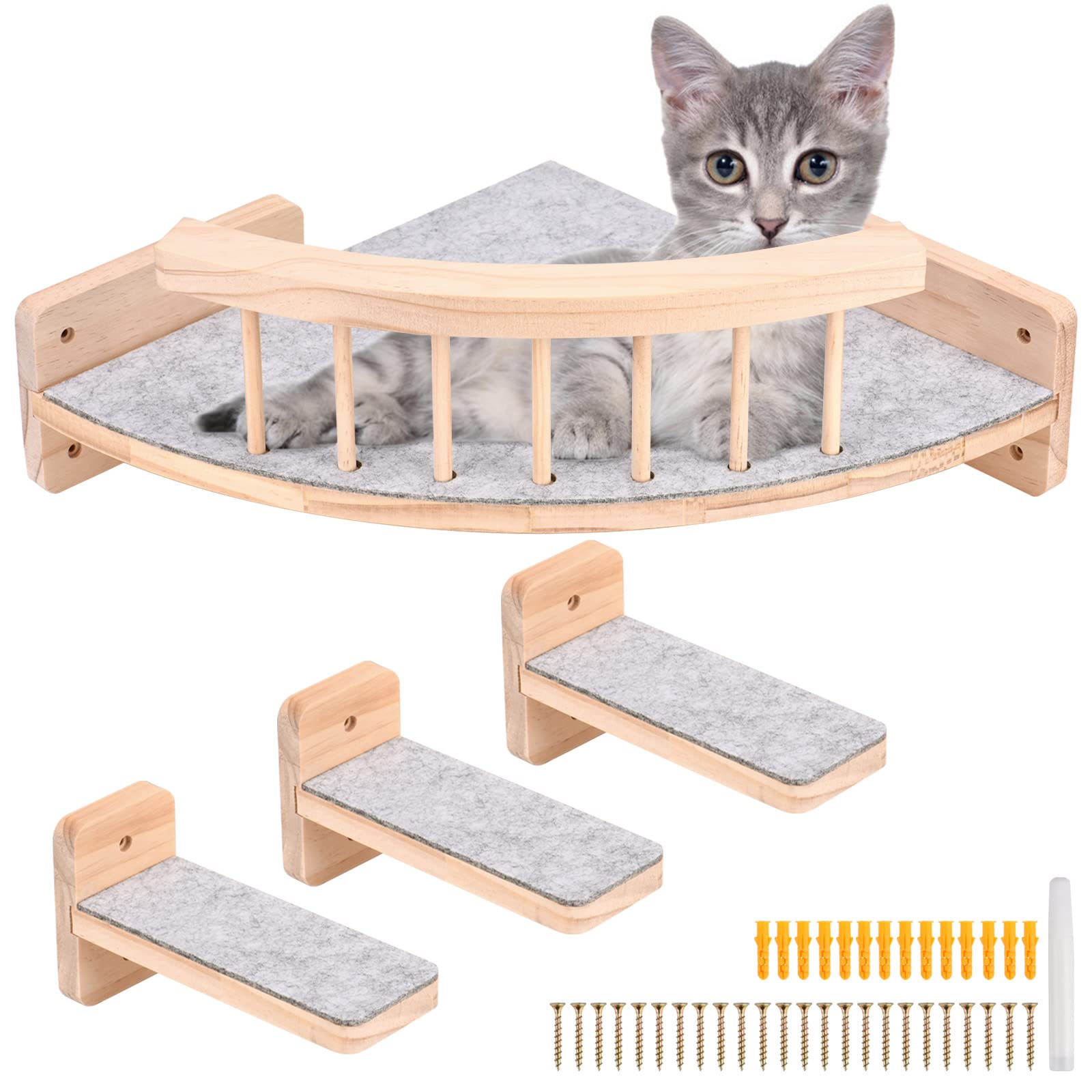 Latawon Wall Mounted Cat Hammock Cat Wall Shelves with 3 Steps, Cat Wall Shelf and Steps with Plush Covered,Solid Wood Cat Wall Furniture Cat Climbing Shelf for Climbing Sleeping Playing