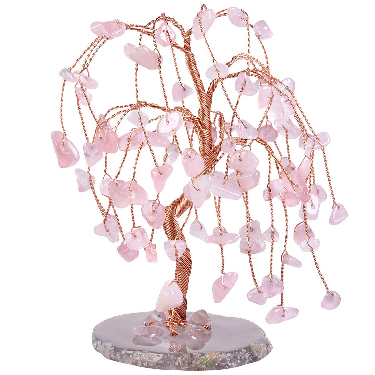 Nupuyai Rose Quartz Crystal Tree for Home, Fengshui Bonsai Money Tree Wealth and Good Luck Office Decor, Agate Slice Base