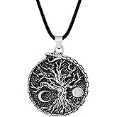 HAQUIL Sun Crescent Moon Yggdrasil Ouroboros Necklace, Viking Jewelry Gift | Metal Alloy, Antique Silver Tone, Faux Leather Cord, Nordic Costume Fashion Statement Accessory
