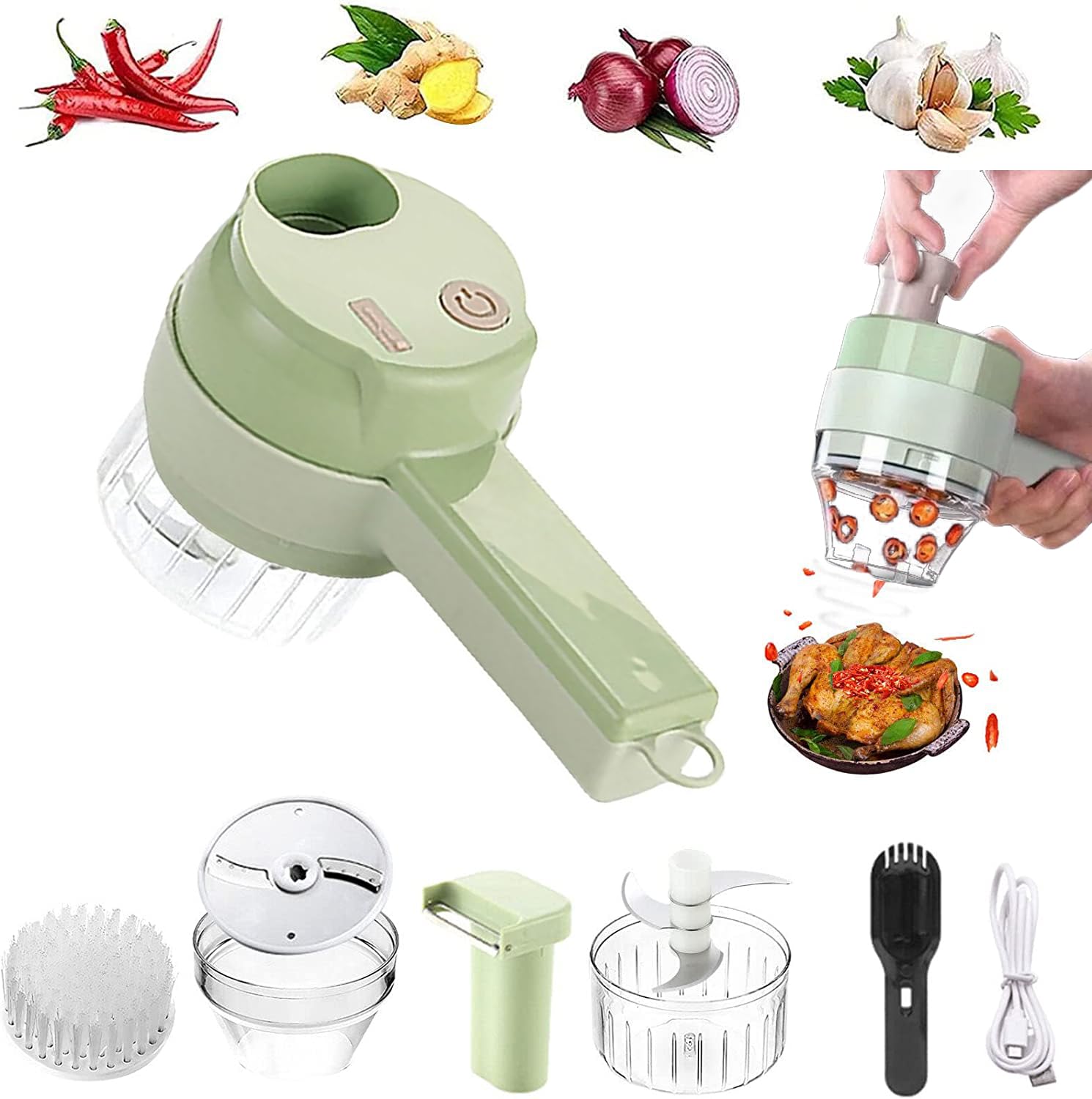 Photo 1 of 4 in 1 Handheld Electric Vegetable Cutter Set, Multifunctional Mini Electric Grinder Garlic Mud Masher Chopper, Portable Food Processor with Brush, for Garlic Chili Onion Ginger Celery Meat