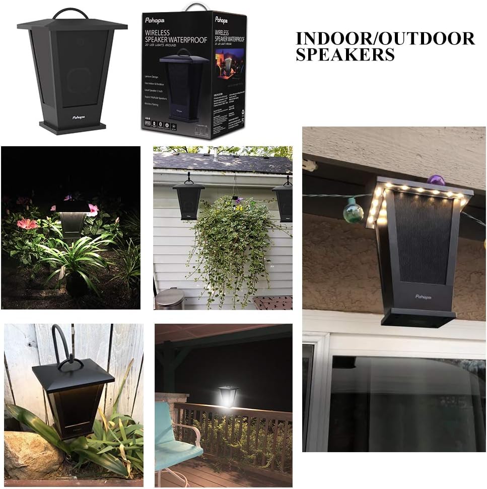 Bluetooth Speaker Waterproof, Portable Outdoor Wireless Speaker with LED Strip Lights Around, Support 2 or More Speakers 5.8Ghz Pairing Sync Shared Audio,Lantern Design Black Pohopa: Electronics