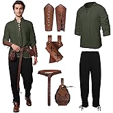 Hewlaud 6 Pcs Men's Renaissance Costume Halloween Medieval Pirate Costume Set Viking Shirt Pants Cosplay