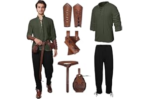 Hewlaud 6 Pcs Men's Renaissance Costume Halloween Medieval Pirate Costume Set Viking Shirt Pants Cosplay