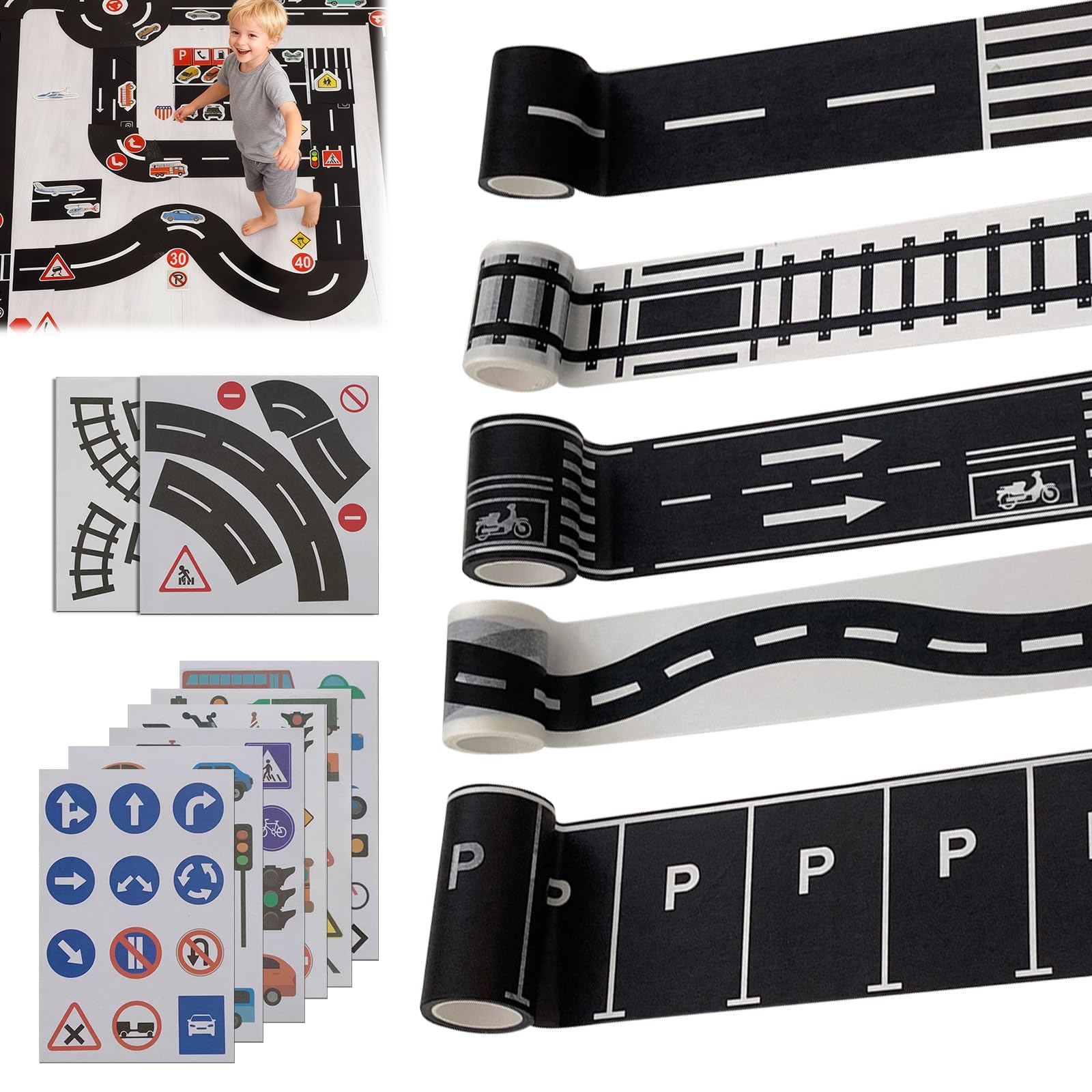 13PCS Road Tape DIY Traffic Sign Set,Road Tape for Toy Car,Train Track Tape, Adhesive Removable Traffic Sign Stickers for DIY Developing Imagination,Traffic Sign Stickers Easy to Apply and Remove