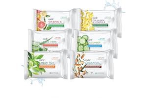 Epielle Gentle Skin Cleansing Wipes, 6 pack of 30 count each of Vitamin C, Cucumber, Aloe Vera, Collagen&Vitamin E, Green Tea, and Argan, Alcohol-Free, Hypoallergenic, Natural Extracts, Oily Skin.
