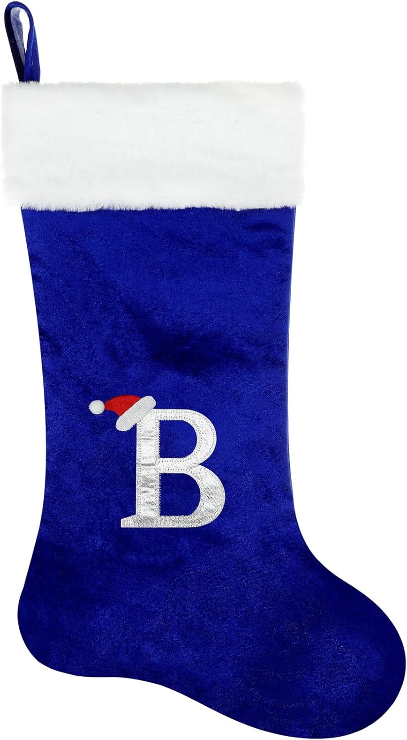 Stockings & Holders - Glimin 22 Inches Monogram Christmas Stockings Velvet with White Plush Cuff Soft Initial Christmas Stockings Embroidered with Gold Letter Stockings (Blue B Letter)