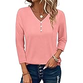 PGANDS Women's 3/4 Sleeve V Neck T Shirts Casual Lightweight Button Tops