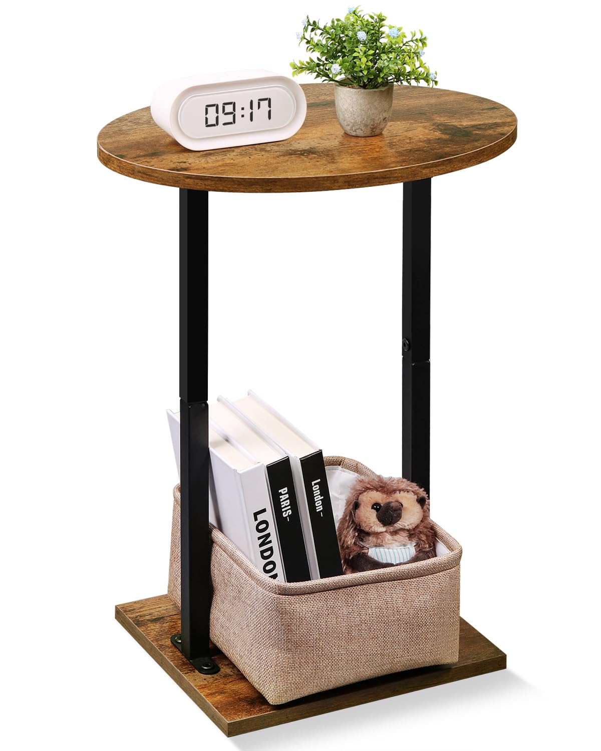 Eufrozy Round Side Table, Sofa End Table with Fabric Basket, Compact Bedside Table, Rustic Brown Small Lamp Plant Coffee Table, for Small Spaces, Living Room, Bedroom, Patio