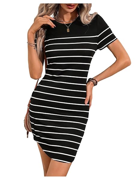 SWEATYROCKS WOMEN’S SUMMER STRIPED BODYCON SHORT DRESS CREWNECK...