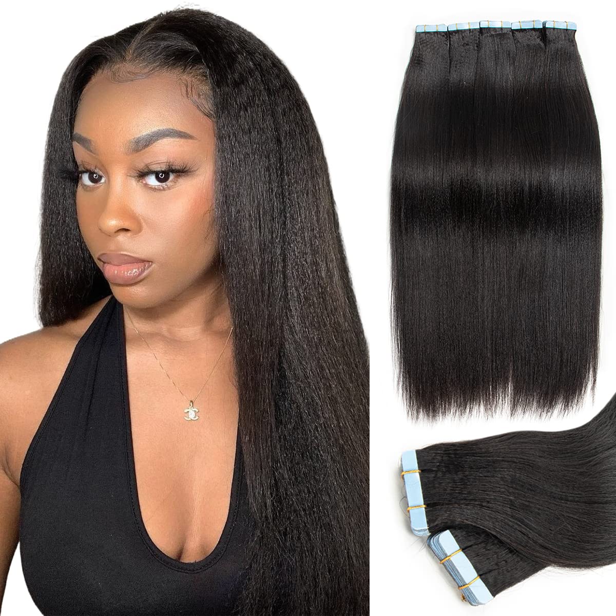 18Inch Tape In Extensions Human Hair for Black Women, Yaki Straight Tape In Human Hair Extensions for Women, Natural Black Invisible Remy Hair Extensions 20pcs 40g