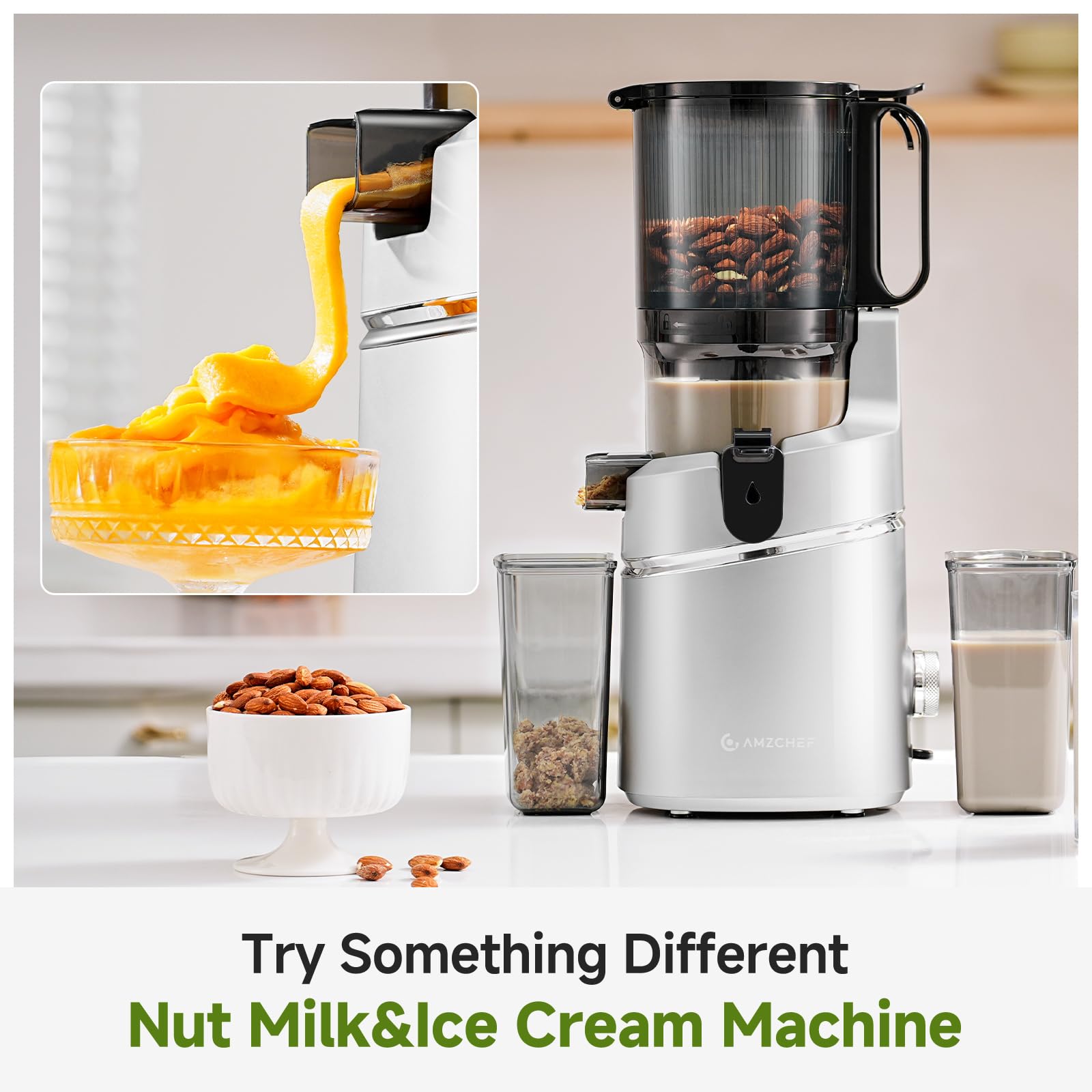 AMZCHEF 250W Automatischer All-In-One Entsafter, 145MM Öffnung und 1,8L entsafter für Gemüse und Obst, Kaltpresse Slow Juicer Testsieger mit Dreifachem Filter - Silber 8