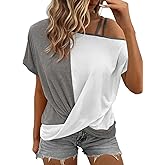 Dokotoo T Shirts for Women Twist Knot Color Block Loose Fit Cold Shoulder Tops for Women Fashion 2025