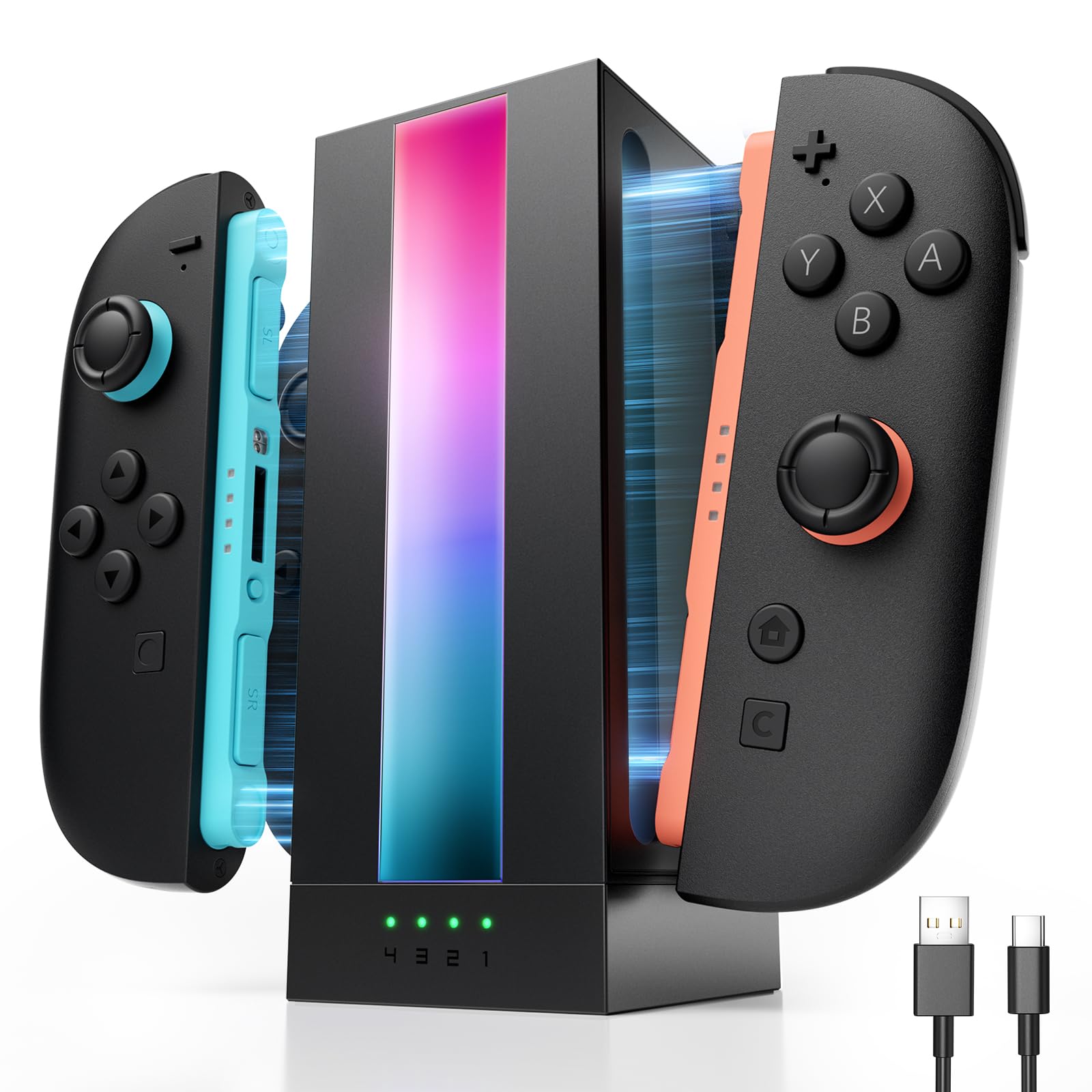 JSAUX EnergyFlow Ladestation für Nintendo Switch 2 JoyCon Controller, 4-in-1 Magnetische RGB-Ladestation mit LED-Anzeige, Switch 2 JoyCon Zubehör mit 1,5M USB C Kabel