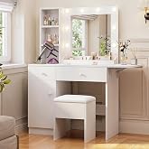Haewon White Makeup Vanity Desk with Lighted Mirror and Storage Chair | Vanity Table Set with 3 Lighting Modes, Charging Station, Drawers and Cabinet for Bedroom
