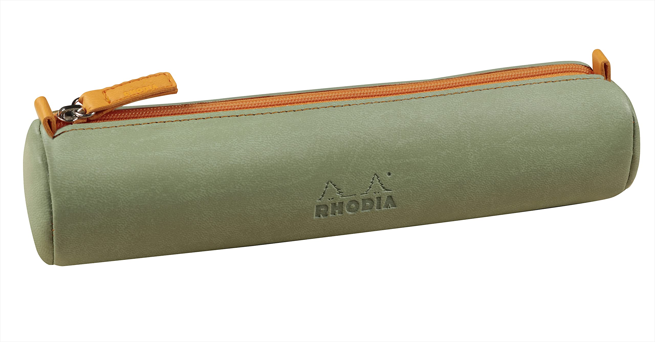 RHODIA 319005C - Rhodiarama Celadon Round Pencil Case - 21.5 x 5.5 cm - Genuine Orange Stitching - Ivory Jersey Interior - Faux Leather - Storage for Pens, Pencils, Markers, Small Supplies