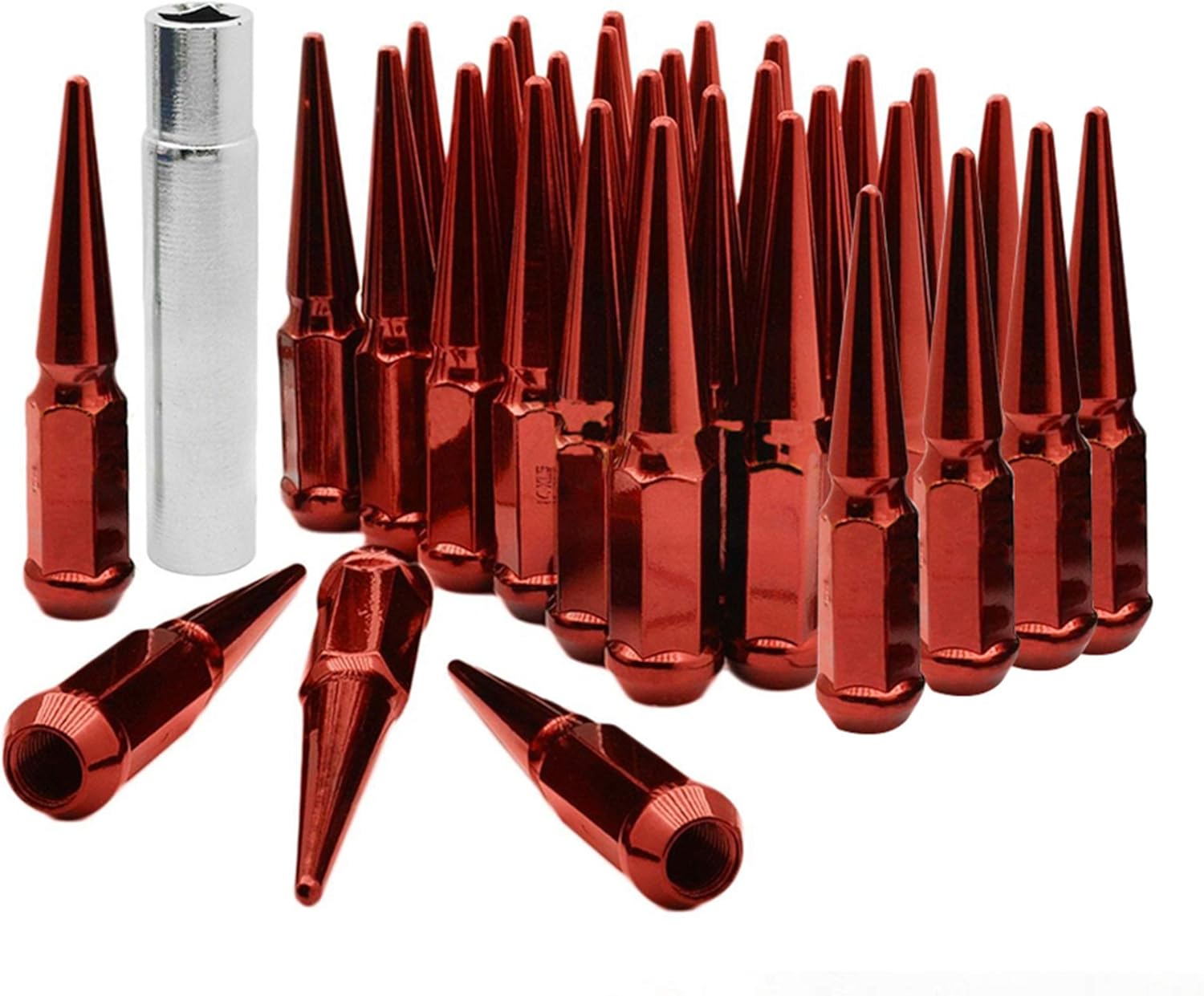 32 pcs 9/16-18 112mm 4.4" Wheel Car Spike Lug Nuts Red Conical w/Key: Industrial & Scientific