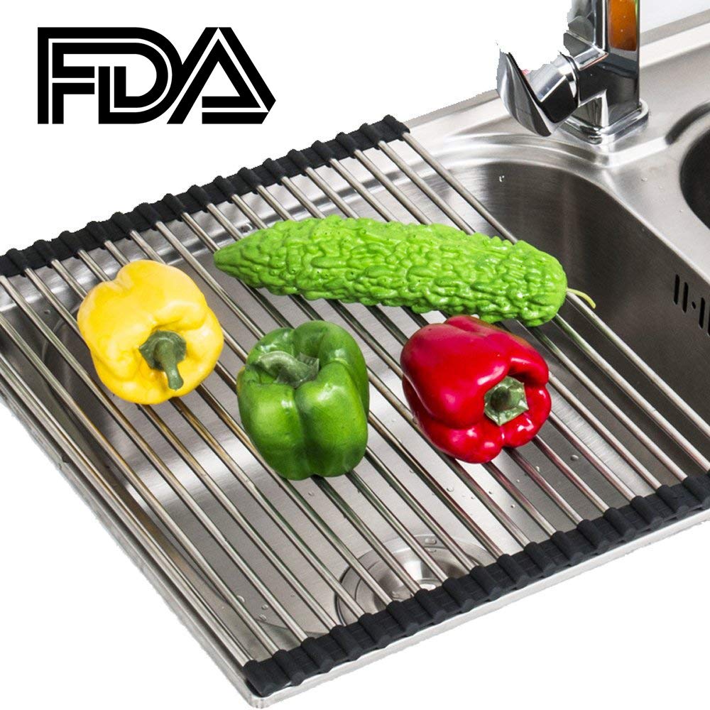 Roll-Up Dish Drying Rack,High Temperature Resistance Over The Sink Drying Rack stainless steel（SS304）-Black