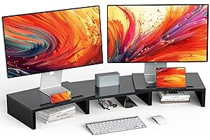 LORYERGO Dual Monitor Stand for Desk, Monitor Stand with 2 Slots for Phone and Tablet, Dual Monitor Riser with Length and Angle Adjustable, Computer Stand for Monitor, Laptop, Tablet (Black)