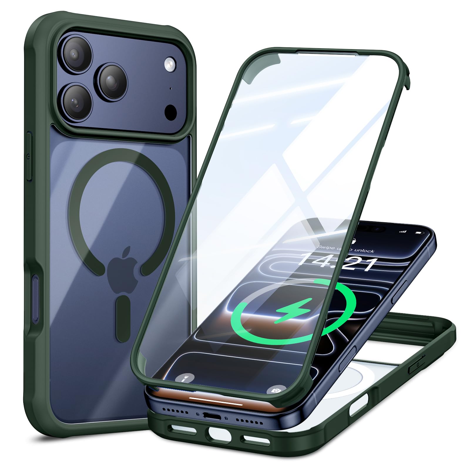 VOFATA for iPhone 17 Pro Case, 360 Full Body with Built-in 9H Tempered Glass Screen Protector, Fit for MagSafe, Mil-Grade Drop Protection, Drop Proof Magnetic iPhone 17 Pro Phone Case, Green