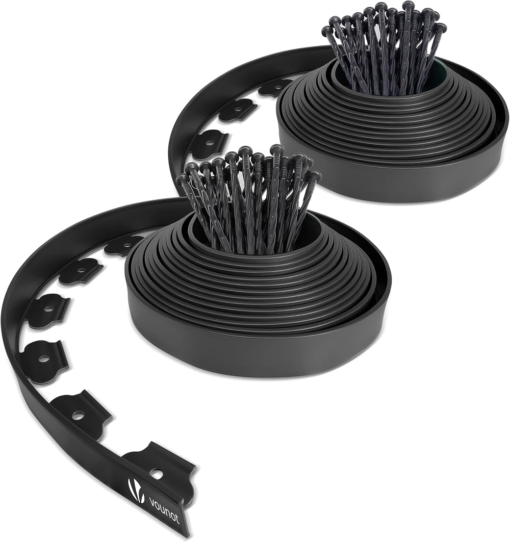 VOUNOT Lawn Edging 20m Kit with 60 Pegs 4mm Thick Black Garden Border