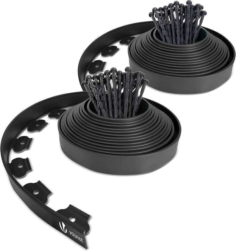 VOUNOT Lawn Edging 20m Kit with 60 Pegs 4mm Thick Black Garden Border