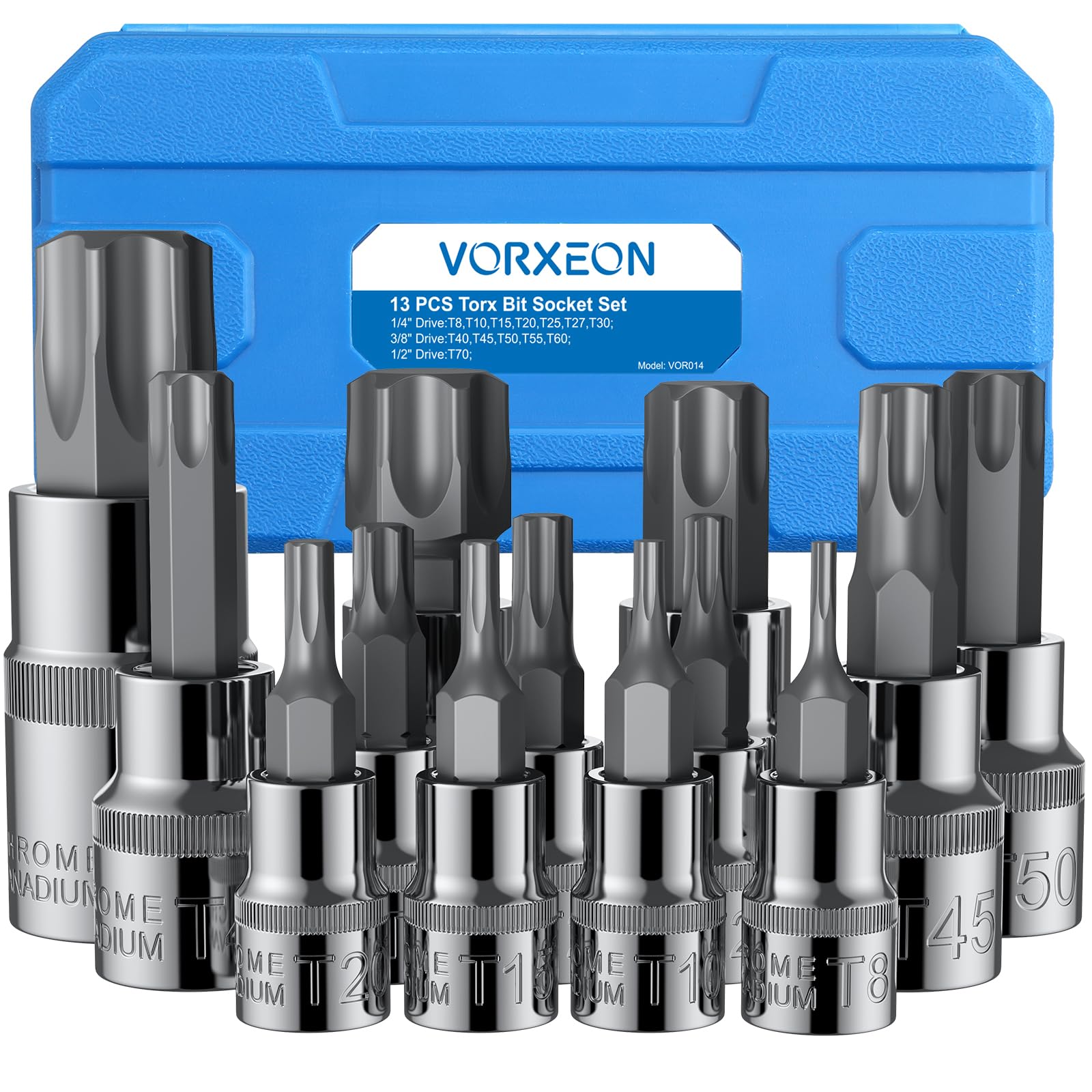 VORXEON 13Pcs Torx Bit Set Star Bit Socket Set T8-T70, 50BV30 CR-V Drive Socket and S2 Alloy Steel Bit, 3 Sizes 1/4 3/8 1/2 Inch with Storage Case — image 1