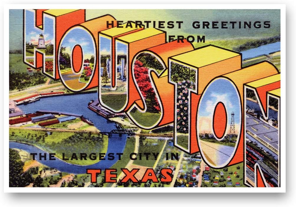 GREETINGS FROM HOUSTON, TX vintage reprint postcard set of 20 identical postcards. Large Letter Houston, Texas city name post card pack (ca. 1930's-1940's). Made in USA.