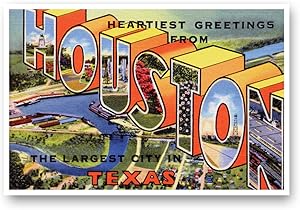 GREETINGS FROM HOUSTON, TX vintage reprint postcard set of 20 identical postcards. Large Letter Houston, Texas city name post card pack (ca. 1930's-1940's). Made in USA.