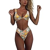 geluboao Bikini Set for Women Solid V Neck Knot Front Push Up High Leg Thong Two Piece Swimsuit