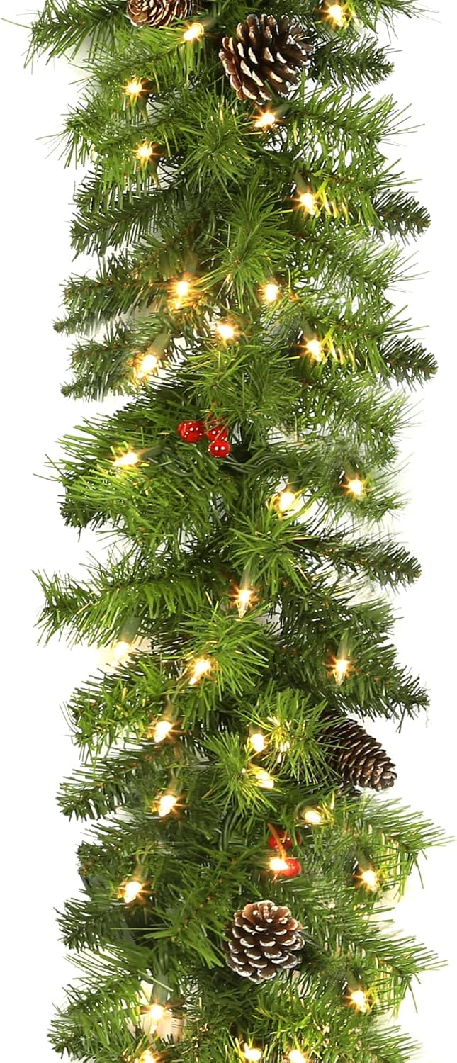 Wreaths, Garlands & Swags - Hykolity 9 ft. Pre-lit Christmas Garland with 100 Warm White Lights, Artificial Christmas Garland for Doors, Windows, Fireplace Mantels, or Stairway, Adorned with Pinecones, Red Berries, Plug in