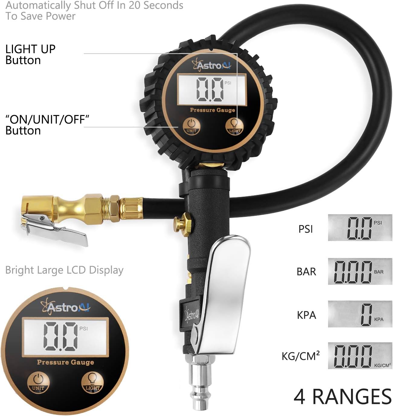 AstroAI ATG250 Digital Tire Inflator with Pressure Gauge, 250 PSI Air Chuck and Compressor Accessories Heavy Duty with Rubber Hose and Quick Connect Coupler for 0.1 Display Resolution: Automotive
