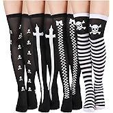 Boao 4 Pairs Halloween Thigh High Socks over Knee | Skeleton Bat Spider Web Stripe Prints, Cosplay Party Costume Wear, Over Knee Long Stockings for Women Girls, Gothic Theme