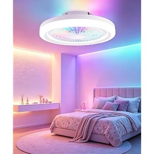 Vookea 19.9" White Kids Ceiling Fan with Light, Low Profile Caged Design | 2-in-1 Front LED & Back RGB Ambient Light, Smart A