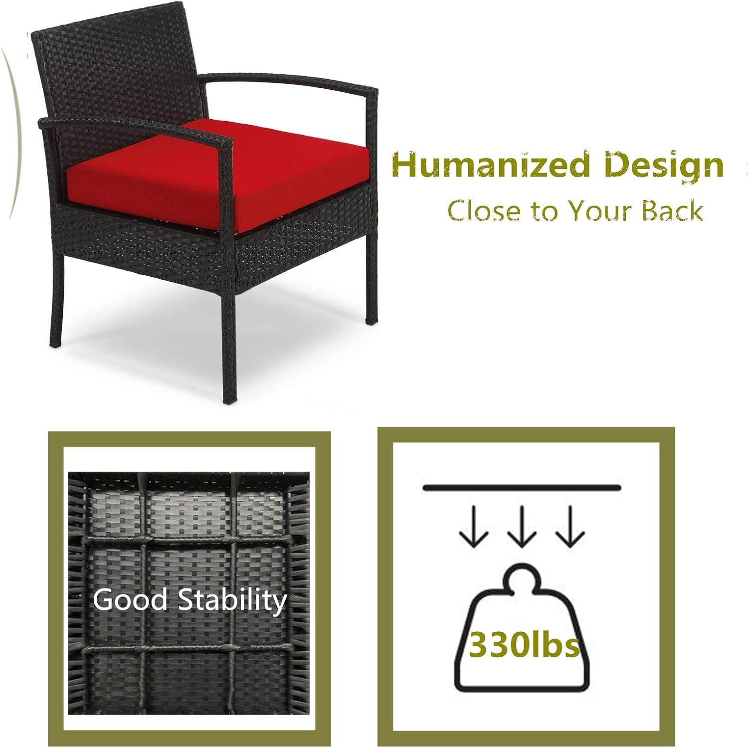 GREARDEN 3 Pieces Outdoor Patio Furniture Sets Patio Conversation Set Bistro Set Rattan Chairs for Balcony Backyard Porch PE Patio Chairs with Cushions 330LBS Red: Garden & Outdoor