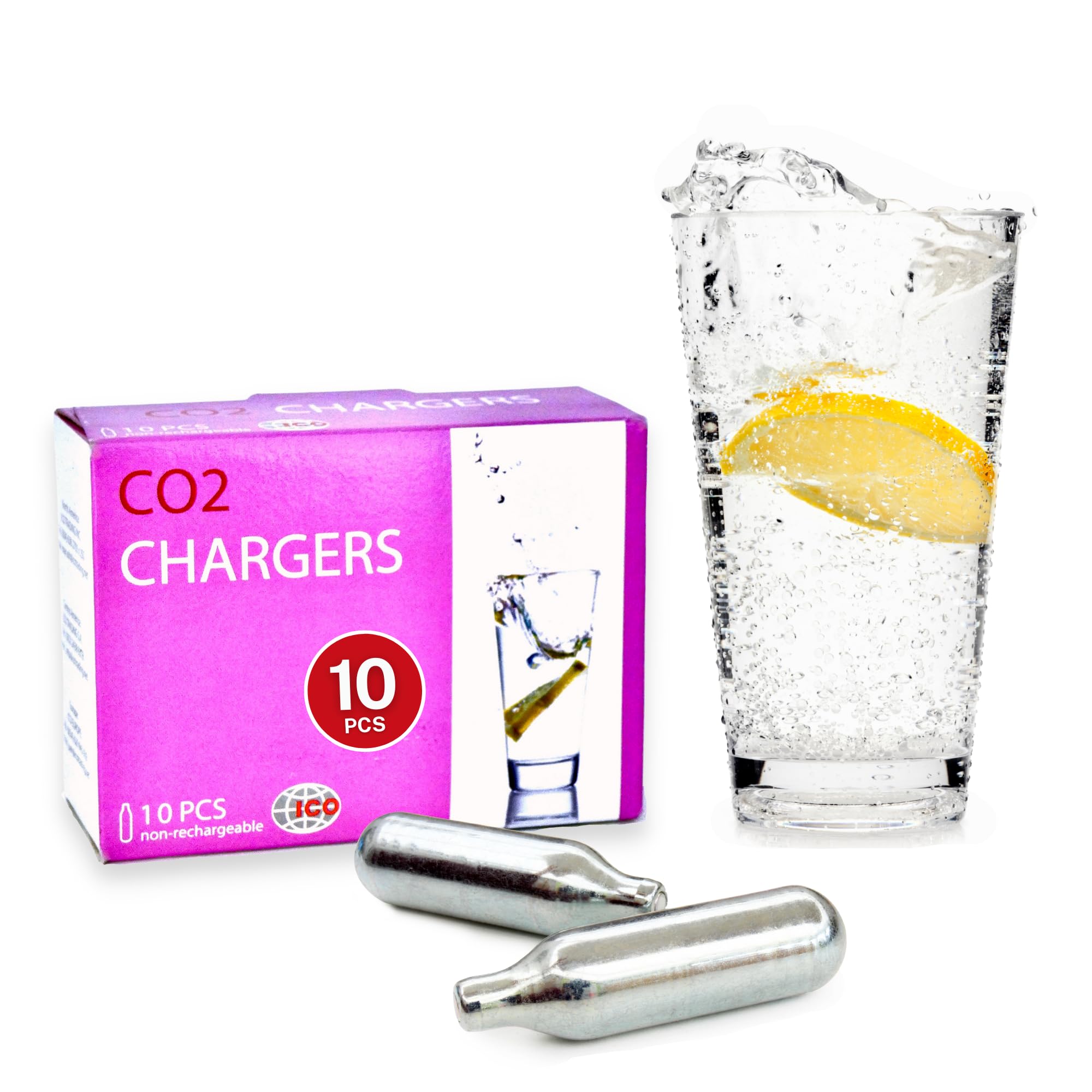 ICO 10-Pack 8g CO2 Cartridge for Sparkling Water Maker, CO2 Non-Threaded Canisters for Soda Syphon - Premium Quality Food-Grade Chargers