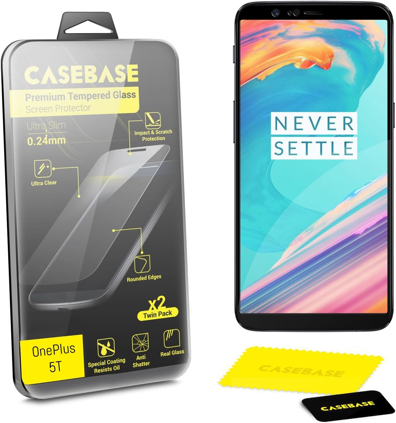 CaseBase TWIN PACK of Full Cover Tempered Glass Screen Protectors for use with Oneplus 5T - BLACK