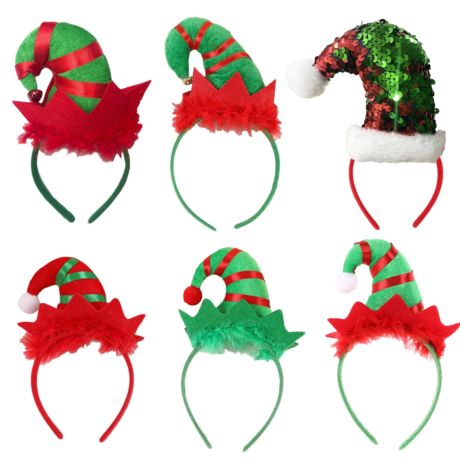 Miaija 6Pieces Elf Headbands Cute Bell Hairband Elves Party Hats Elf Hair Hoop Christmas Party Accessory for Santa Party Carnival Costume