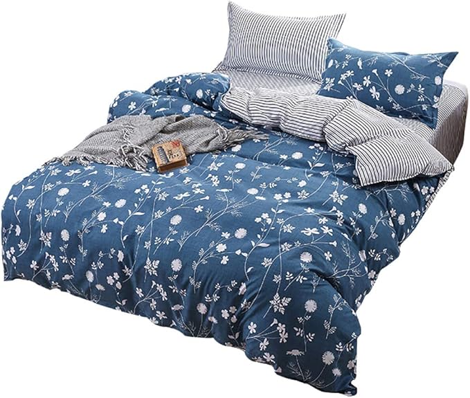 2 Pcs Navy Blue FLoral Bedding Sets Single Botanical White Flowers